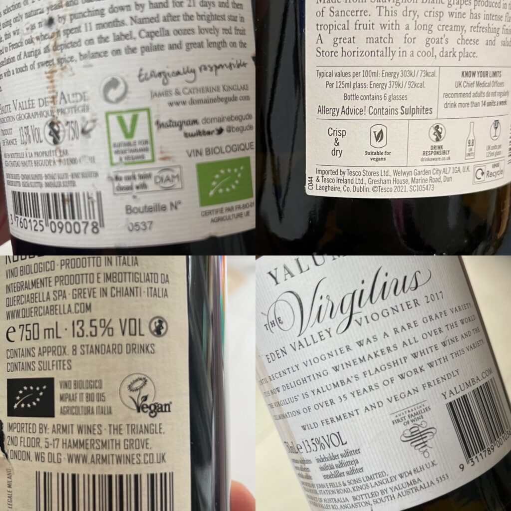 Four different ways of labelling vegan wine